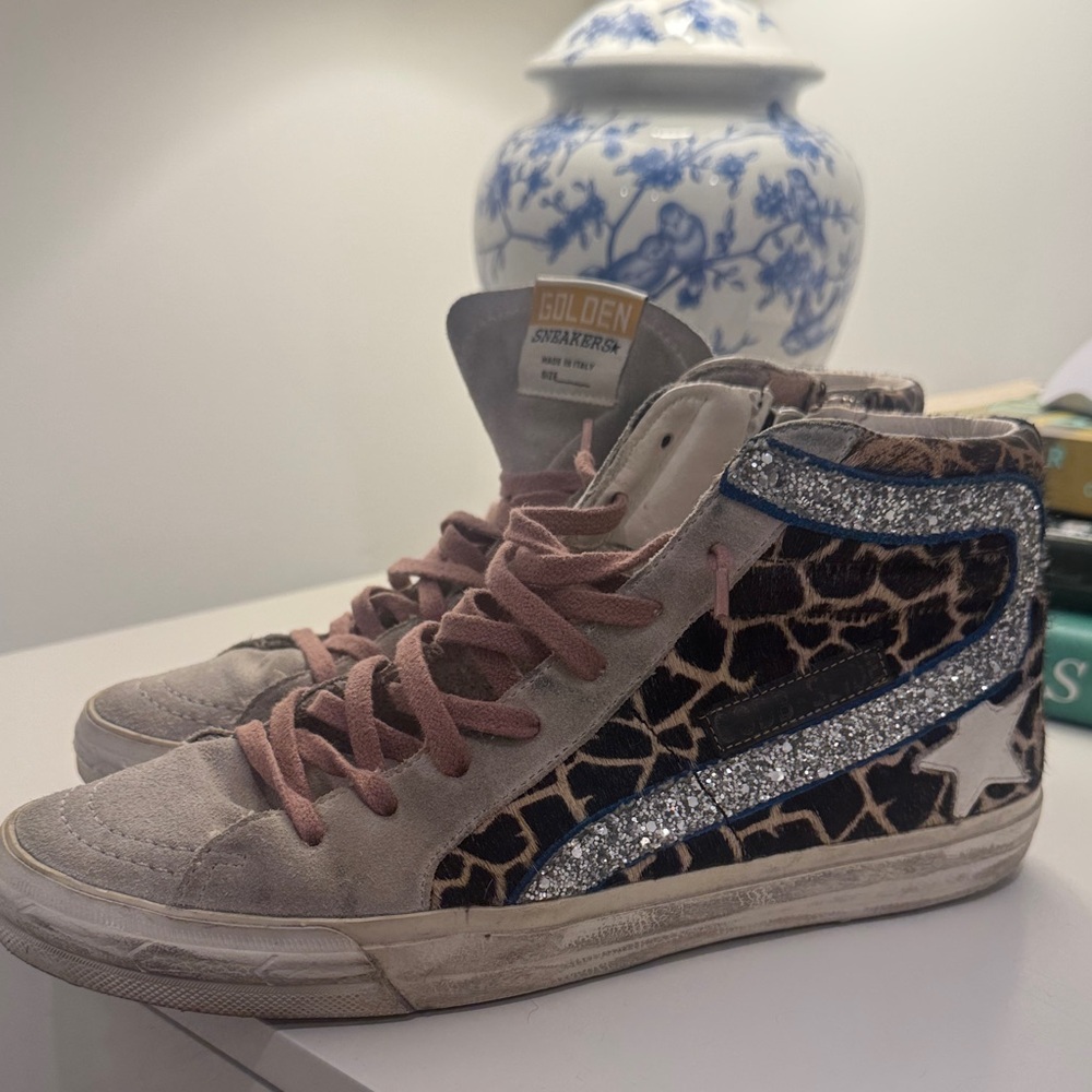 Golden Goose Giraffe Print Sneakers with Glitter and Pink Laces